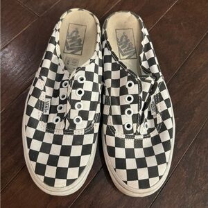 Black and white checkered slip on mule vans
